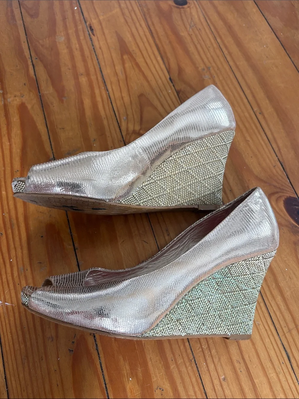 Lilly Pulitzer Metallic Gold Peep-Toe Wedge with Pink Insole